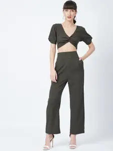 DELAN Olive Green Solid Crop Top with Trousers