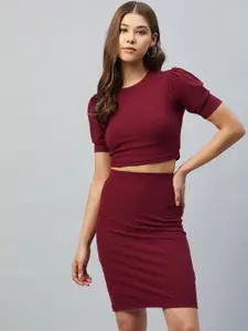 DELAN Maroon Solid Crop Top with Skirt