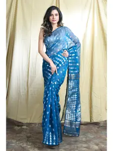 Arhi Blue & Silver-Toned Woven Design Silk Cotton Saree