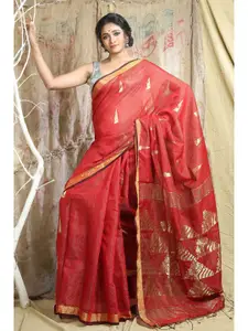 Arhi Red & Gold-Toned Woven Design Zari Tissue Saree