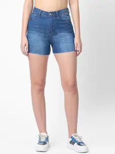 Kraus Jeans Women Blue Washed Slim Fit High-Rise Denim Shorts