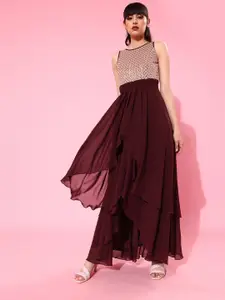 Miss Chase Maroon Sequinned High-Low Layered Maxi Dress