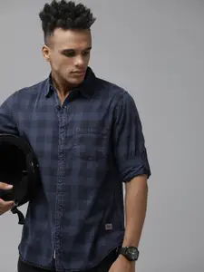 Roadster Men Navy Blue Classic Checked Cotton Casual Shirt