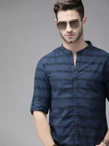Roadster Men Navy Blue Classic Horizontal Striped Cotton Casual Shirt