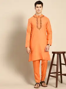 Anouk Men Orange Yoke Design Thread Work Kurta with Pyjamas