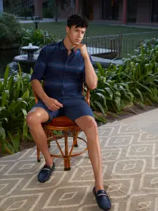 Louis Philippe Sport Men Blue & Grey Super Slim Fit Striped Pure Cotton Casual Shirt