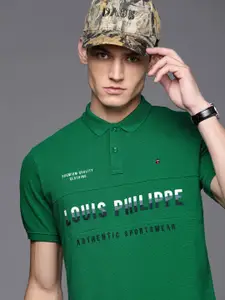 Louis Philippe Sport Men Green Typography Printed Polo Collar Pure Cotton Slim Fit T-shirt