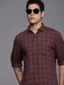 Louis Philippe Jeans Men Maroon Slim Fit Linen Checked Casual Shirt
