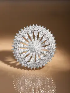 Rubans Rhodium-Plated White Cubic Zirconia Studded Circular Statement Adjustable Ring