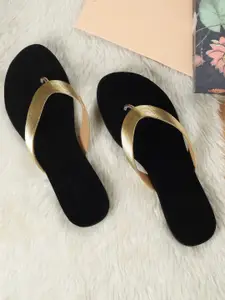 Monrow Women Gold-Toned Self Striped T-Strap Flats