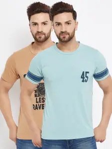 THE MILLION CLUB Men Pack of 2 Teal Blue & Beige Printed Cotton Round Neck T-shirt