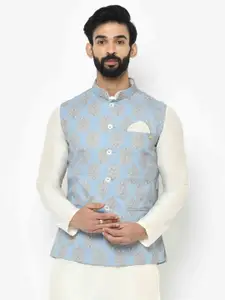 KISAH Men Blue & White Printed Nehru Jacket