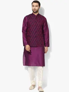 KISAH Men Purple & White Kurta with Churidar & Nehru Jacket