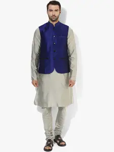 KISAH Men Navy Blue Kurta with Churidar & Nehru Jacket