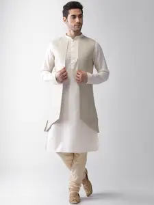KISAH Men Textured Regular Fit Geometric Pattern Kurta Jacket Churidar Set