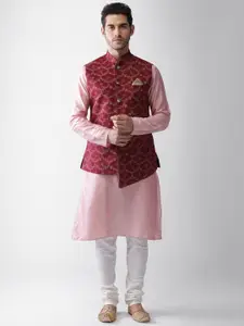 KISAH Men Pink & Maroon Kurta with Churidar & Nehru Jacket