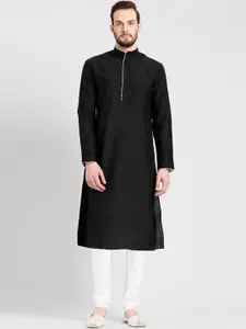 KISAH Men Black & White Solid Cotton Blend Kurta Set