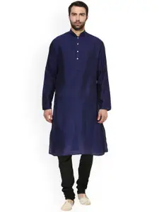 KISAH Men Navy Blue Solid Straight Kurta with Churidar