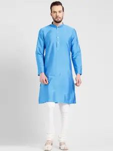 KISAH Men Blue Solid Mandarin Colllar Straight Kurta with Churidar