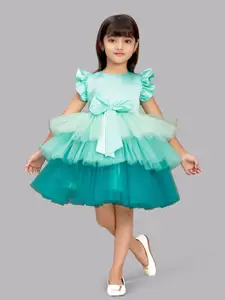 Pink Chick Sea Girls Green Colourblocked Satin Dress with Bow