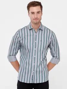 Linen Club Men Green Striped Pure Cotton Casual Shirt