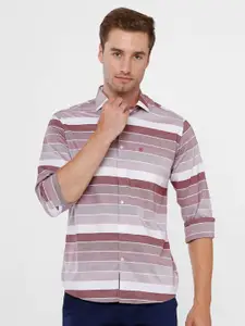 Linen Club Men Red Horizontal Striped Pure Cotton Casual Shirt