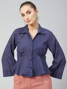 Carlton London Navy Blue Geometric Print Crepe Shirt Style Top
