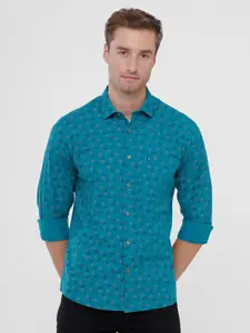 CAVALLO by Linen Club Men Blue & Beige Ditsy Geometric Printed Linen Cotton Casual Shirt