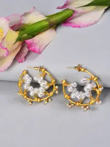 SOHI Gold-Plated & White Contemporary Beaded Half Hoop Earrings