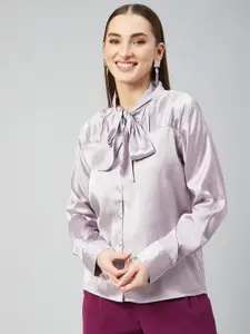 Marie Claire Women Grey Tie-Up Neck Shirt Style Top
