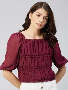 Marie Claire Burgundy Solid Ruffled & Pleated Georgette Top
