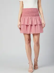 Marie Claire Women Peach-Coloured Solid Mini Skirt With Ruffles