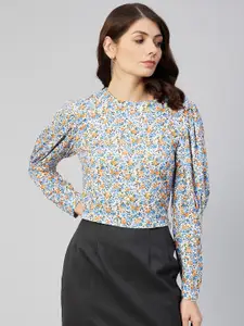 Marie Claire White & Blue Ditsy Floral Print Top