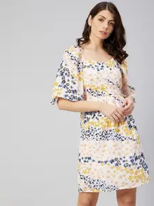 Marie Claire Multicoloured Floral Print Smocked Crepe Fit & Flare Dress