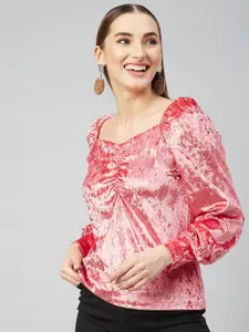 Marie Claire Peach-Coloured Solid Ruched Velvet Finish Top
