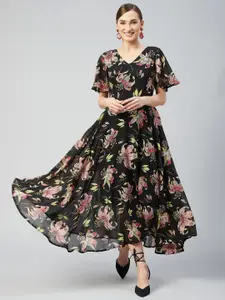 RARE Women Black Floral Georgette Maxi Dress