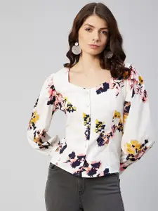 RARE Women Off White Floral Printed Shirt Style Top