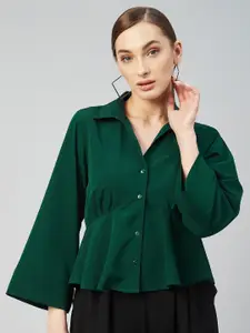 RARE Women Green Crepe Shirt Style Top