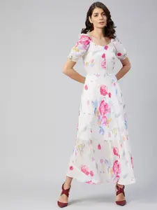 RARE Women White Floral Georgette Maxi Dress