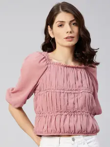 Marie Claire Women Peach-Coloured Georgette Cinched Waist Top