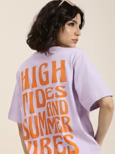 Difference of Opinion Women Lavender Pure Cotton Back Print Oversized T-Shirt