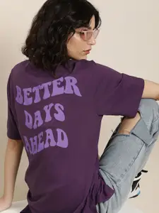 Difference of Opinion Women Purple Pure Cotton Back Print Oversized T-Shirt