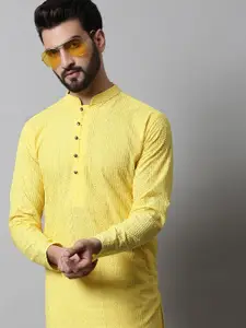 Jompers Men Yellow Thread Work Floral Kurta