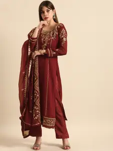 Shaily Maroon & Golden Embroidered Silk Georgette Unstitched Dress Material