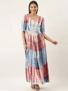 Ethnovog Blue  Maroon Tie and Dye Maxi Dress