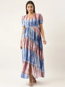 Ethnovog Blue  Red Tie and Dye Maxi Dress