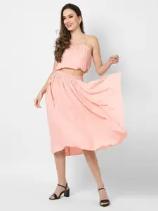 Campus Sutra Women Peach Accordion Pleated Skirt & Top Set
