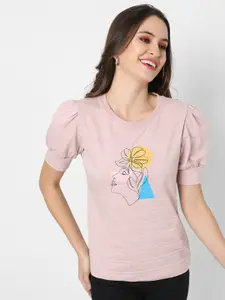 Campus Sutra Pink & Blue Print Pure Cotton Top