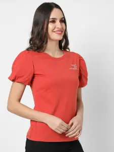 Campus Sutra Orange Puff Sleeves Pure Cotton Top