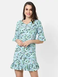 Campus Sutra Turquoise Blue & Green Floral A-Line Dress